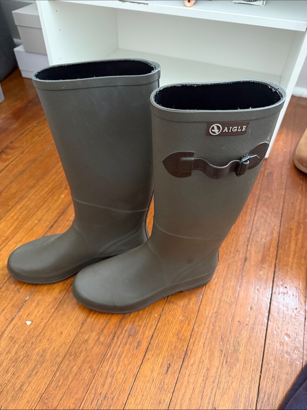 Aigle Women's Olive Rubber Mid-Calf Rain Boots with Side Buckle